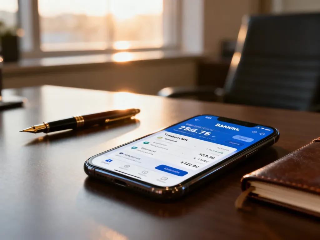 Ekran smartfona z panelem bankowości mobilnej w słonecznym biurze, symbolizujący bezpieczne transakcje finansowe.