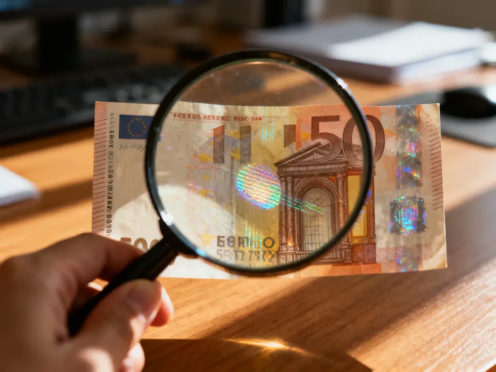 Zbliżenie na banknot euro pod lupą, ukazujące zabezpieczenia, hologram oraz fakturę papieru w świetle dziennym.