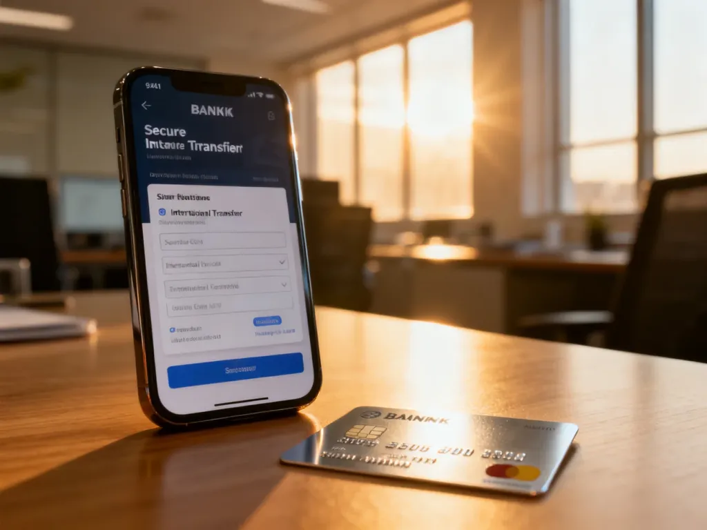Smartfon z otwartym formularzem przelewu międzynarodowego oraz karta płatnicza na biurku, ilustrujące proces bankowości.